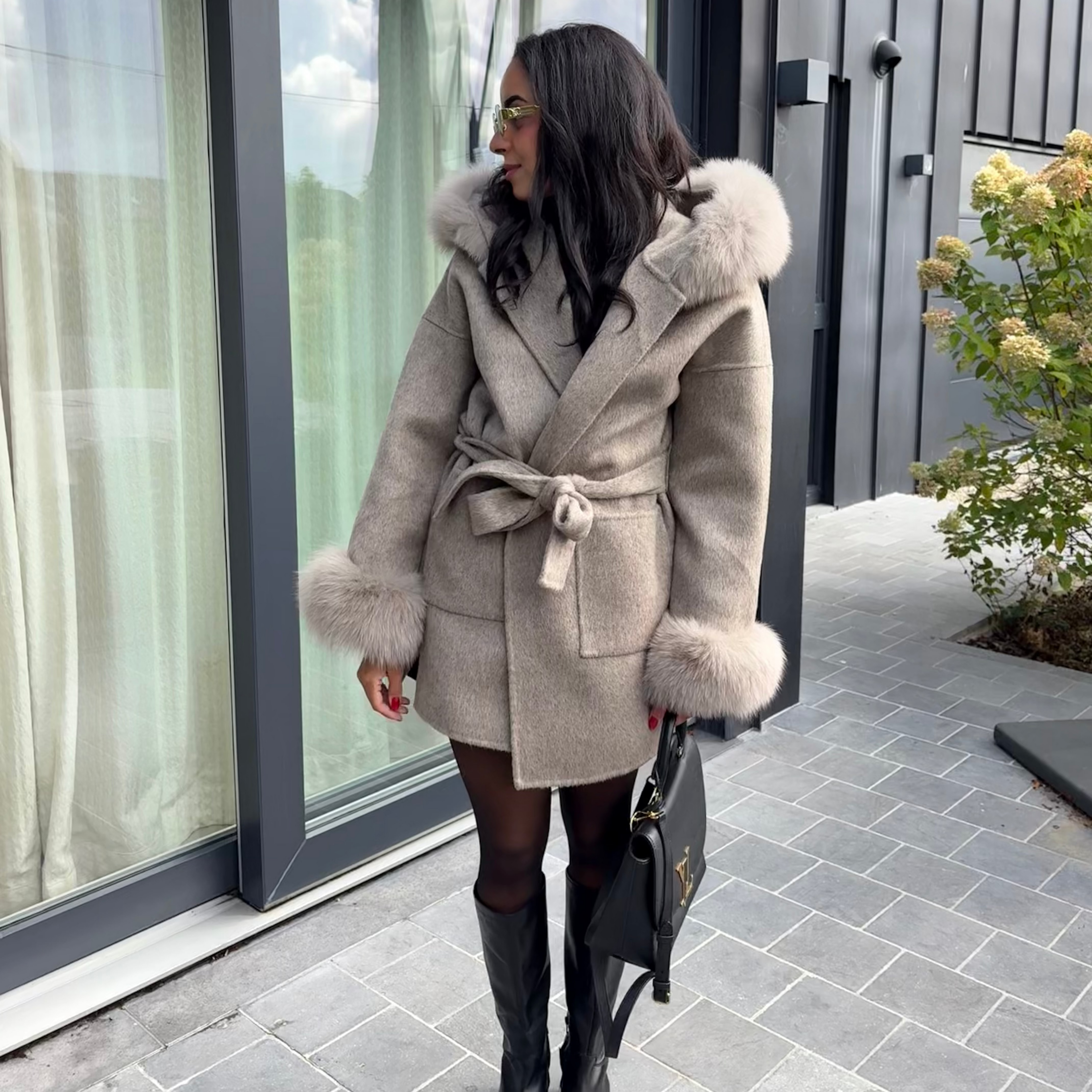 Manteau en laine & fourrure renard LOUVE – Taupe