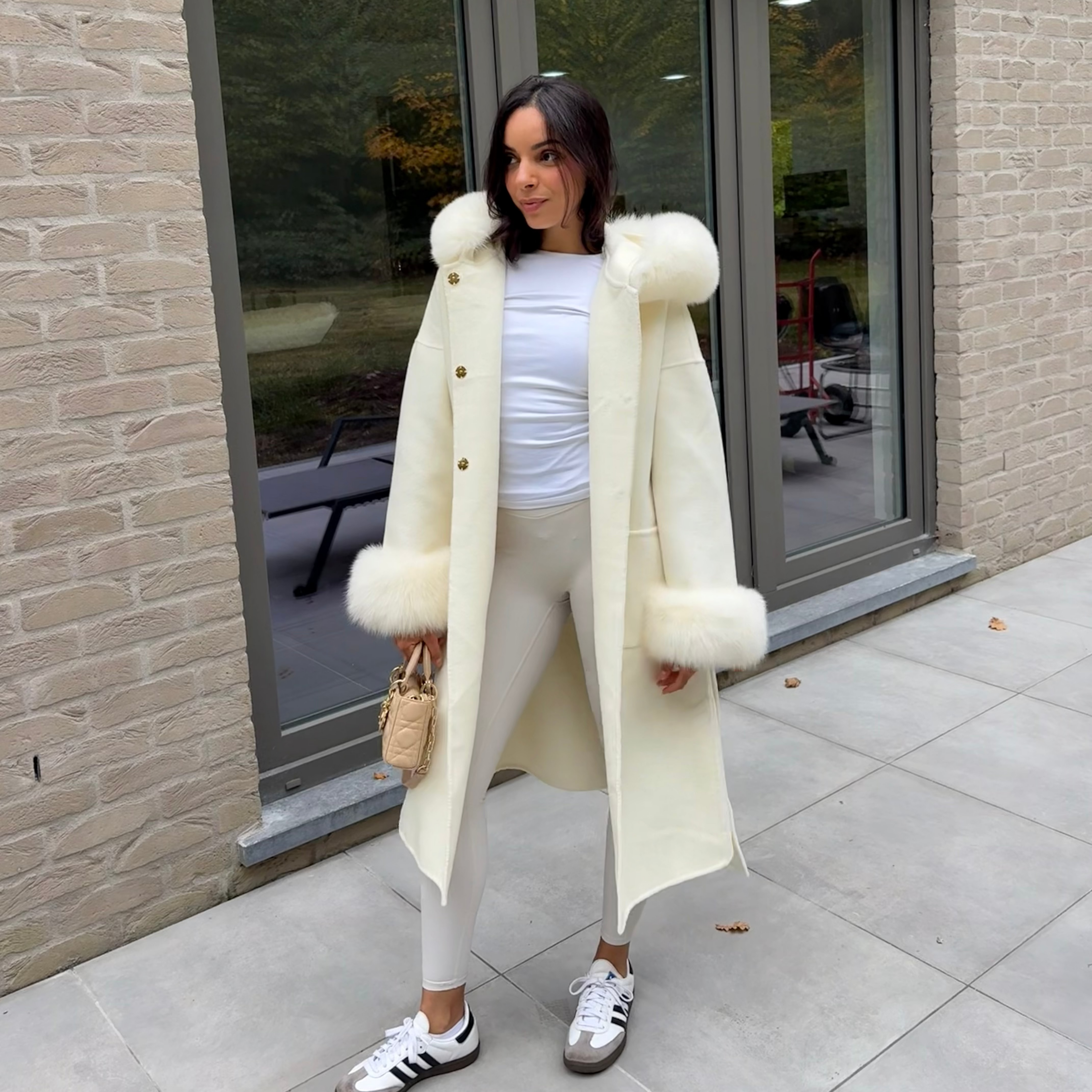 Manteau long en laine & fourrure de renard  ANASTAZIA - Crème