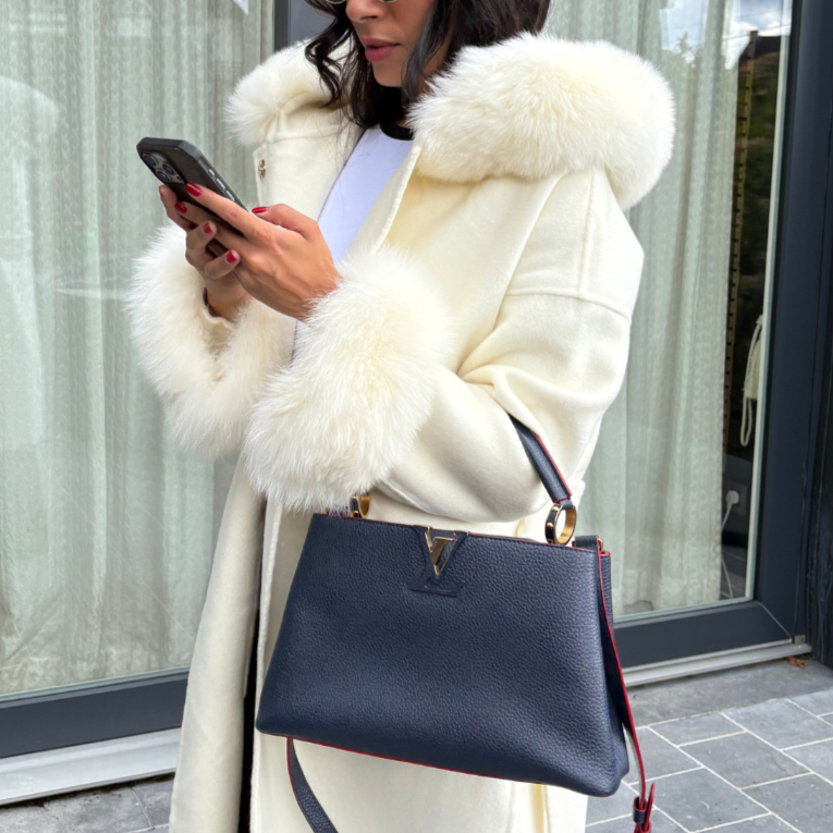 Manteau long en laine & fourrure de renard  ANASTAZIA - Crème