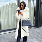 Manteau long en laine & fourrure de renard  ANASTAZIA - Crème