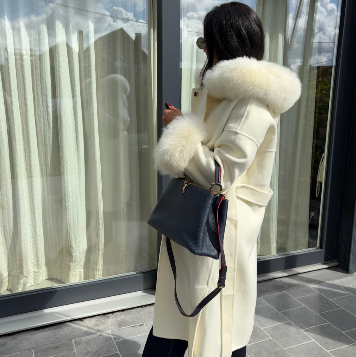 Manteau long en laine & fourrure de renard  ANASTAZIA - Crème