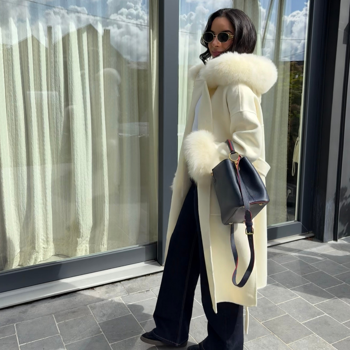 Manteau long en laine & fourrure de renard  ANASTAZIA - Crème