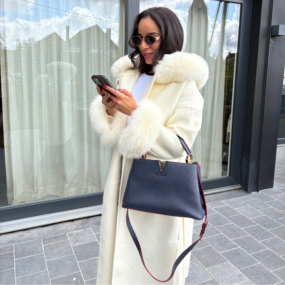 Manteau long en laine & fourrure de renard  ANASTAZIA - Crème