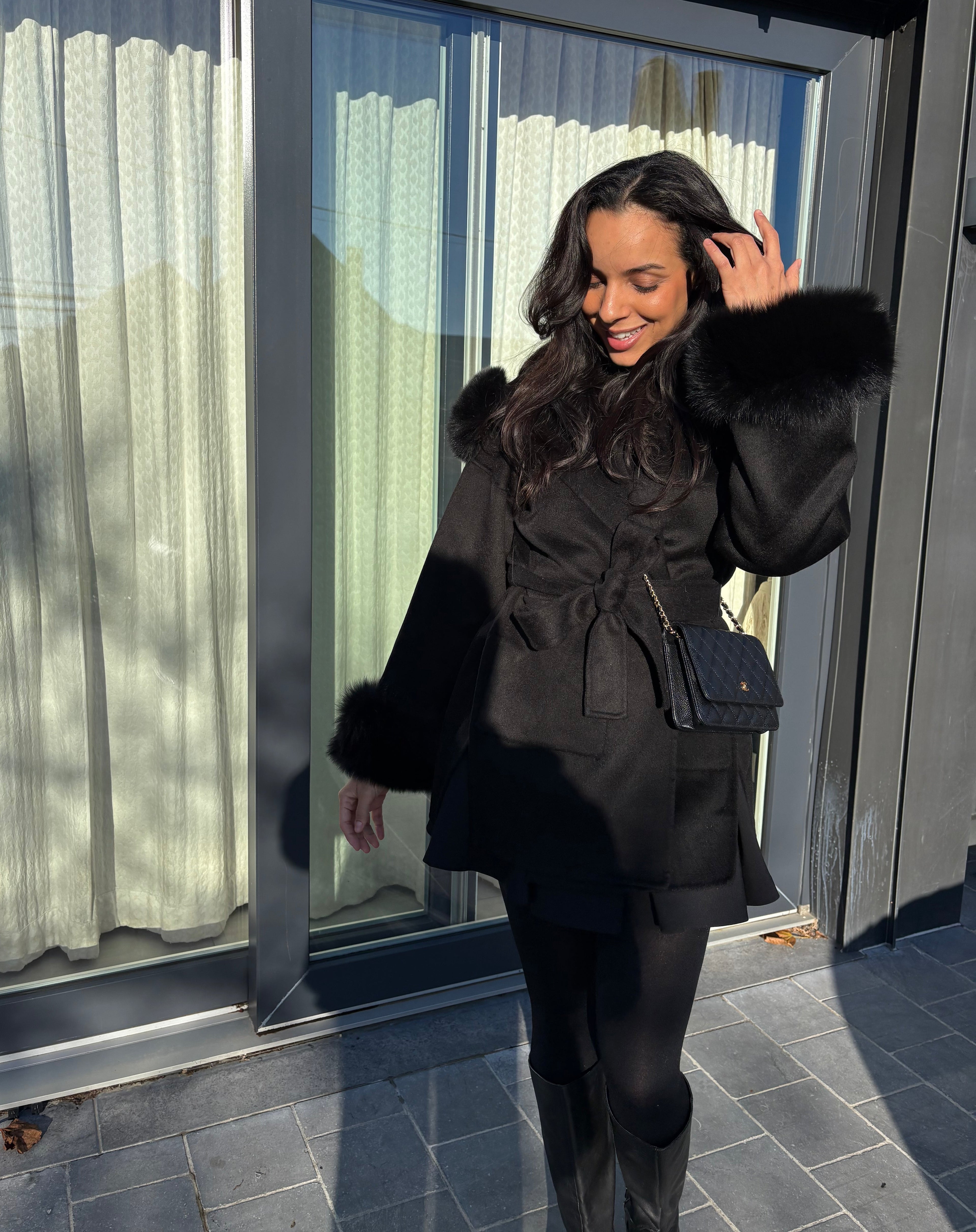 Manteau en laine & fourrure renard LOUVE – Noir