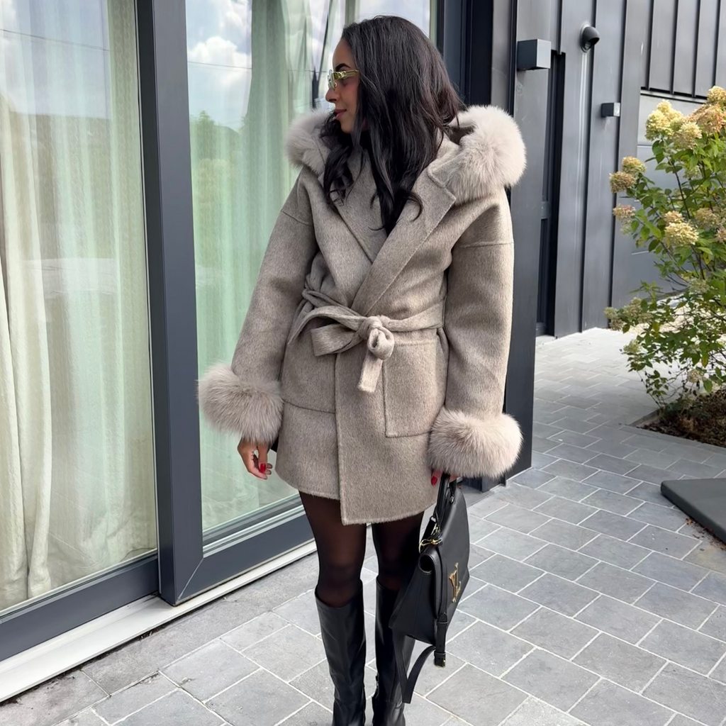 Manteau en laine & fourrure renard LOUVE – Taupe