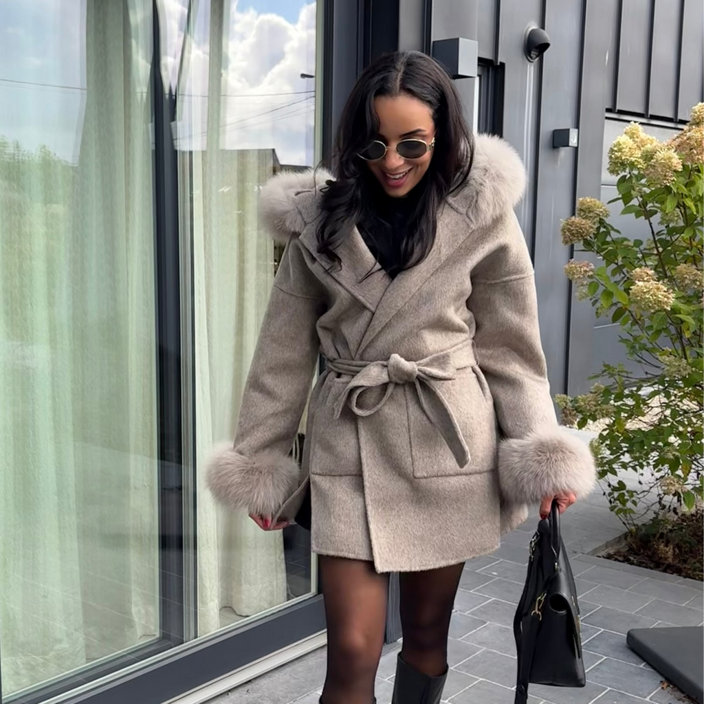 Manteau en laine & fourrure renard LOUVE – Taupe