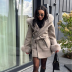 Manteau en laine & fourrure renard LOUVE – Taupe