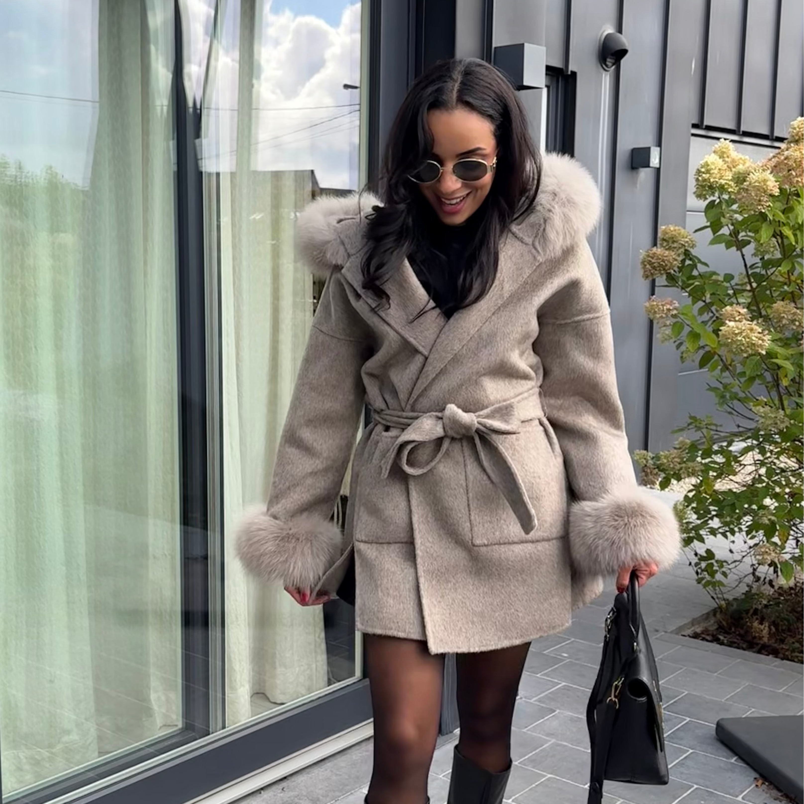 Manteau en laine & fourrure renard LOUVE – Taupe