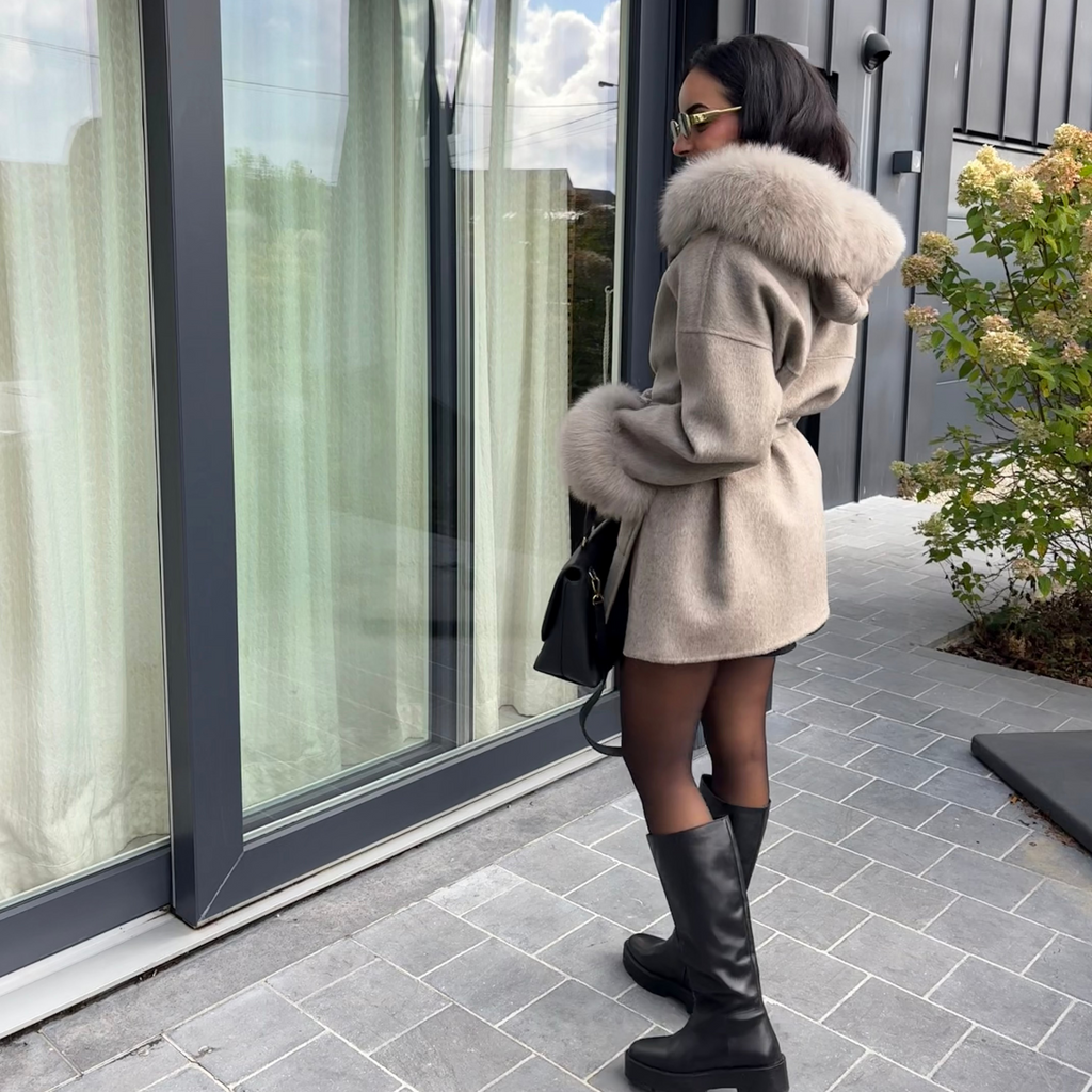 Manteau en laine & fourrure renard LOUVE – Taupe