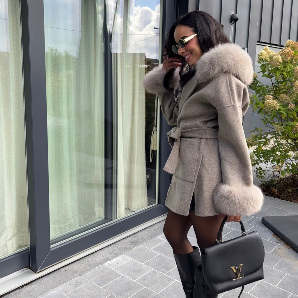 Manteau en laine & fourrure renard LOUVE – Taupe