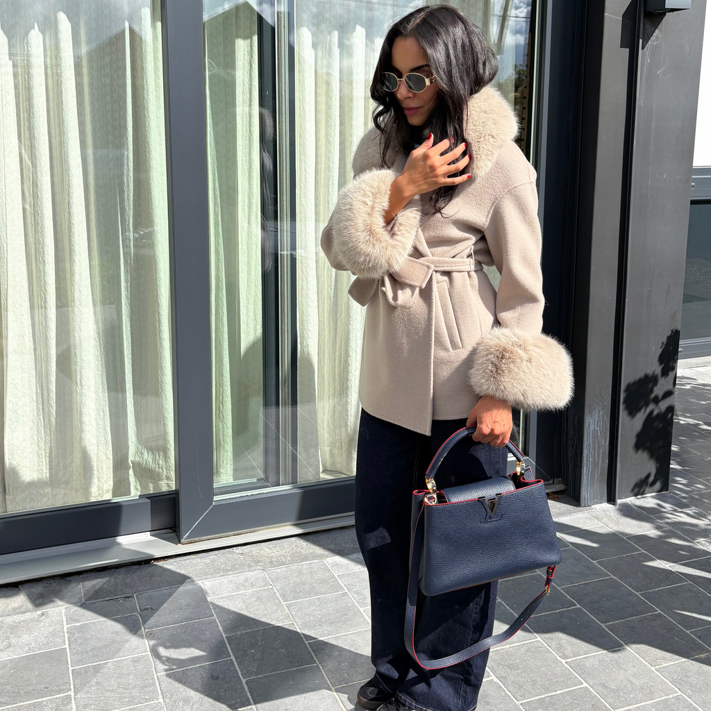 Manteau SOFIA cachemire & fourrure – Greige