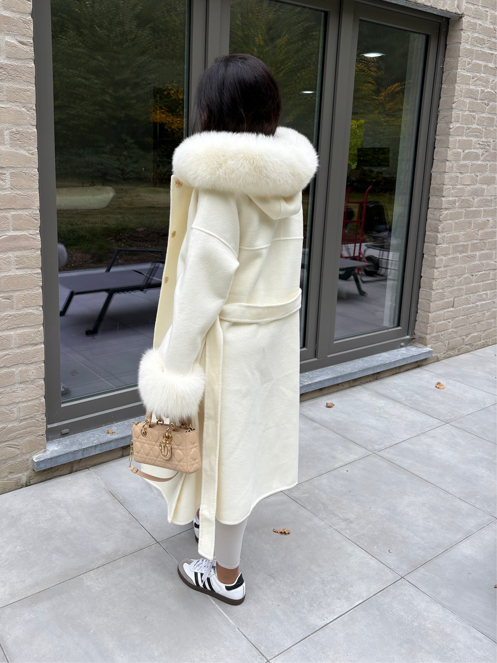 Manteau long en laine & fourrure de renard  ANASTAZIA - Crème